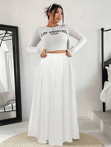 SHEIN EZwear 大码女式纯色松紧腰 A 字裙 - 白色 - 查看 5