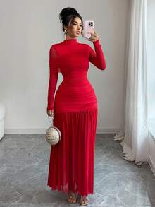 SHEIN Elenzya Váy maxi chữ A xếp ly lưới khoét lỗ hở gợi cảm thời trang thu đông mới, màu đỏ trơn cổ đứng, thích hợp cho tiệc tốt nghiệp, sự kiện ngày lễ, kỳ nghỉ, hẹn hò, Giáng sinh, Halloween - Đỏ - Xem 5