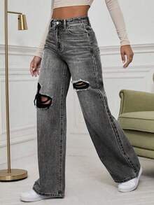 EMERY ROSE Washed Denim  High Waist Ripped Wide Leg Jeans - Dark Grey - View 6