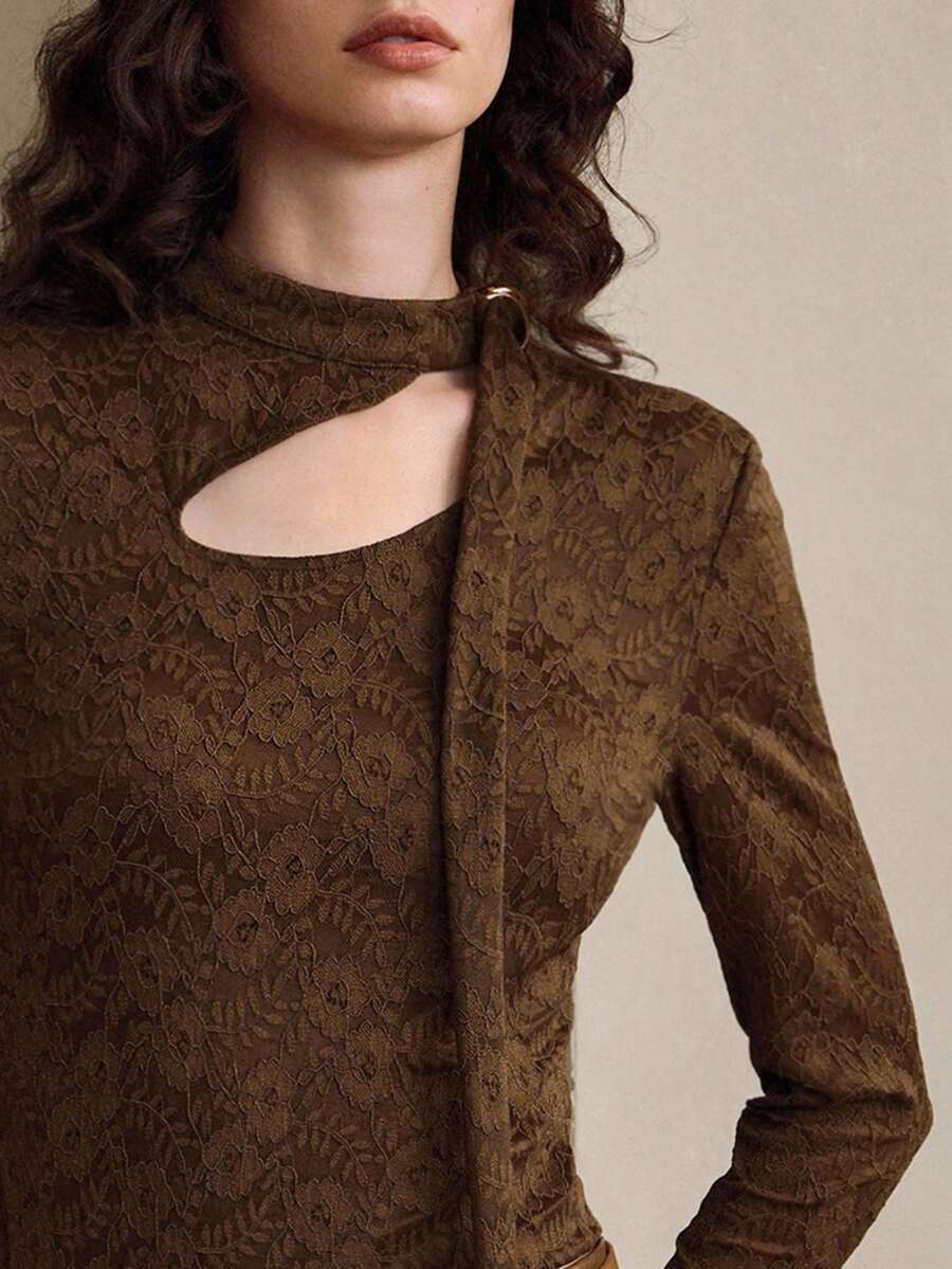 SHEIN LUNE Brown Floral Elegant Knitted Lace Mesh Herbal Embroidery Hollow Out Ribbon Asymmetric Collar Tie Long Sleeve Blouse,Autumn Tea Party Wasteland Style - Chocolate Brown - View 1