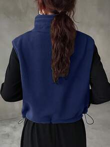 FRIFUL 女士休闲纯色无袖夹克，适合秋冬背心 - 藏蓝色 - 查看 5