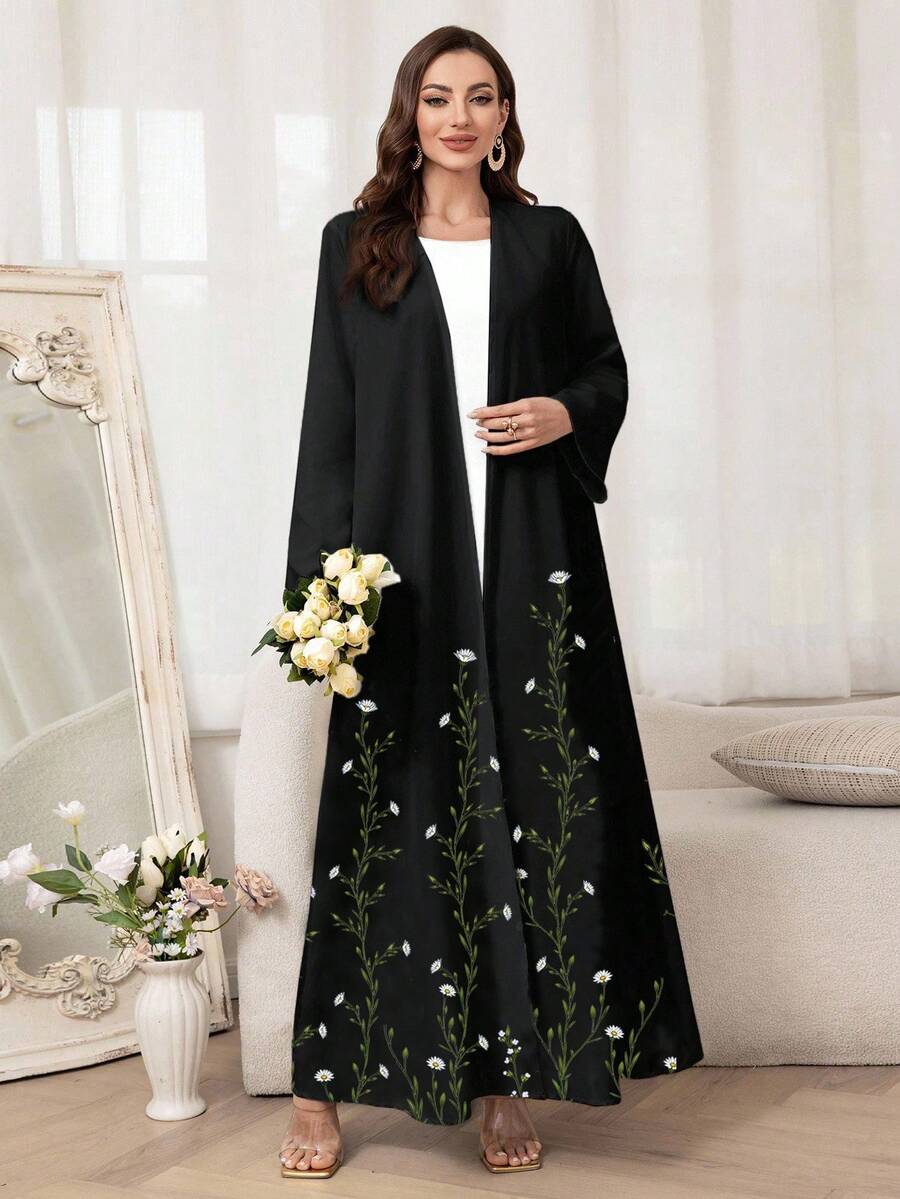 Al Najma 女式雏菊印花长袖宽松开襟阿拉伯长袍 - 白色 - 查看 1