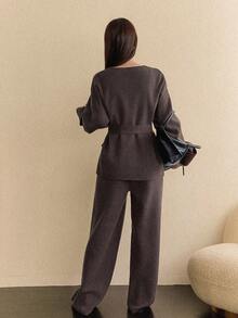 Dazy-Less 2pcs/Set Elegant Bowknot Knit Sweater Set For Women, Autumn/Winter Business Casual Woman - Coffee Brown - View 2