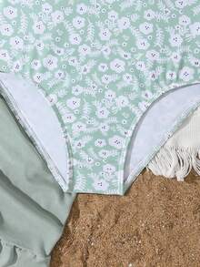 1pc Tween Girl Random Print One-Piece Swimsuit - Dark Green - View 5