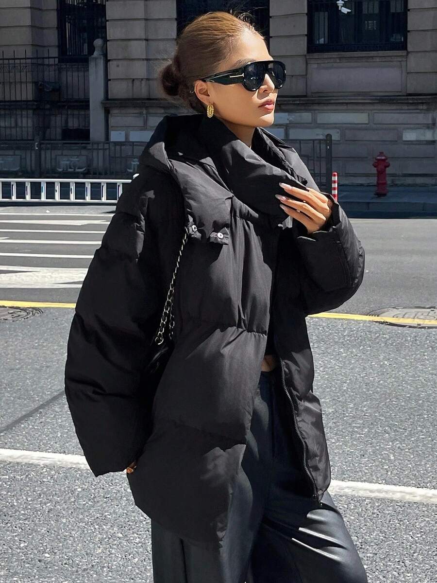 DAZY Jaket Wanita Model Fleece Tebal Longgar Warna Polos dengan Tudung untuk Musim Gugur/Musim Dingin - Hitam - View 1