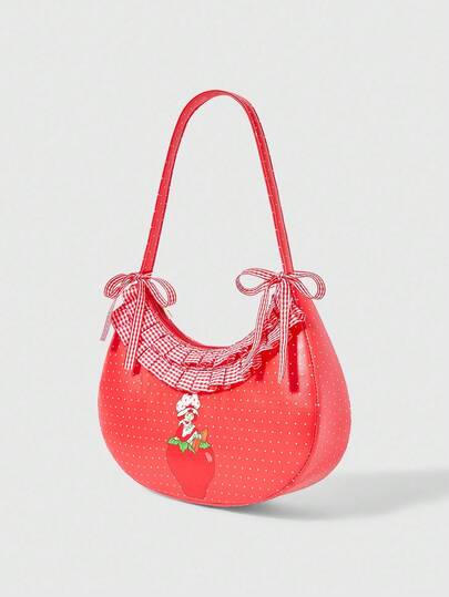 Women's Fashion Polka Dot & Strawberry Print Ruffle Shoulder Bag