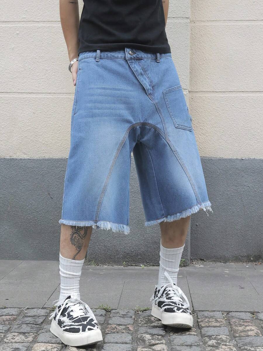 Manfinity EMRG 男士宽松休闲磨边五英寸牛仔短裤 - 藍色 - 查看 1