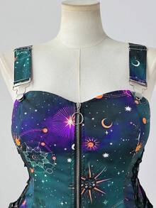 Sunspun 全新时尚百搭假日梦幻星空印花拼布荷叶边系带腰部装饰前拉链中长款吊带裙女式 - 霧霾藍 - 查看 5