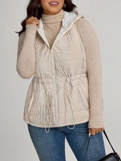 Comfylo Plus Size Women's Drawstring Waist Fuzzy Casual Loose Winter Coat, Fall/Winter Winter For Women Women's Winter Coat Chic Women's Autumn Winter Female Country Look Going Out Tops Going Out