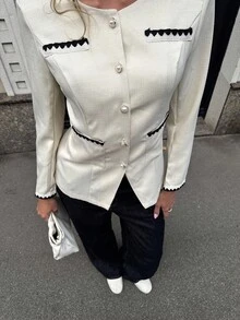 Pariaura French Style Casual Open Front Floral Lace Trim Women Jacket - Apricot - View 4