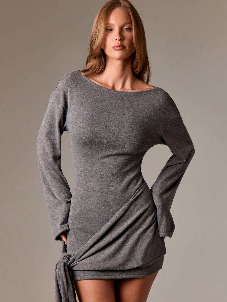 AiiRZ Long Sleeve Knit Mini Dress Tie Side Detail Fall Winter Bodycon Dress Elegant Sweater Dress Party Club Night Evening Dress