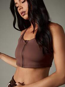 MISSGUIDED 前拉链运动文胸 高强度运动健身文胸 中等支撑工字背跑步瑜伽健身锻炼训练上衣 带网眼面板和侧面通风 - 咖啡棕 - 查看 6