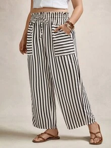 Zelara 大码女式彩虹条纹春夏休闲时尚宽松高腰荷叶边蕾丝腰带裤女式夏季服装女式夏季服装可爱夏季下装秋季女装返校节商务休闲女式基本款斯德哥尔摩风格教师服装 - 黑與白 - 查看 5