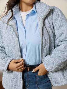 Comfylo Luneh 加大码女式几何图案常规宽松立领拉链棉服外套，冬季加厚夹克和派克大衣 - 灰色 - 查看 5