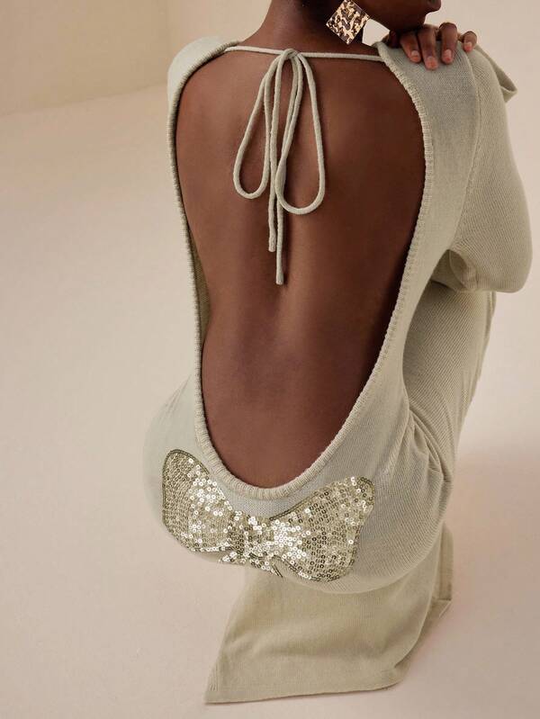 SHEIN Veneréa Vestido suéter feminino sensual, novo, sem costas, com cadarço, laço, lantejoulas, bainha decorada, fenda, justo, manga confortável, uso diário, essencial para mulheres