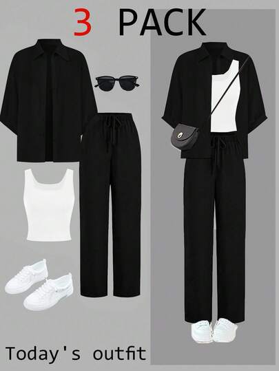 SHEIN LUNE 2024 新款三件套女士秋季穿搭：别致的梅拉德衬衫、修身阔腿裤、时尚西装外套