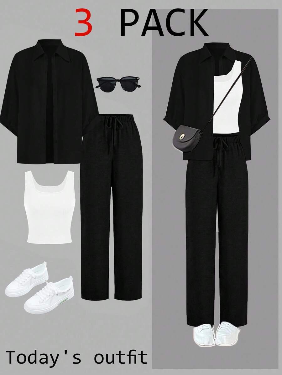 SHEIN LUNE 2024 新款三件套女士秋季穿搭：别致的梅拉德衬衫、修身阔腿裤、时尚西装外套 - 黑與白 - 查看 1