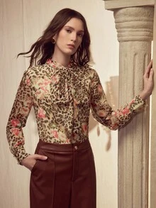 MOTF PREMIUM 女式复古豹纹优雅长袖衬衫，秋季 - 棕色 - 查看 8