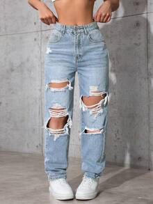 SHEIN ICON Quần jeans denim rách dáng cowgirl mùa hè cỡ lớn dành cho nữ mùa đông - Rửa nhẹ - Xem 4