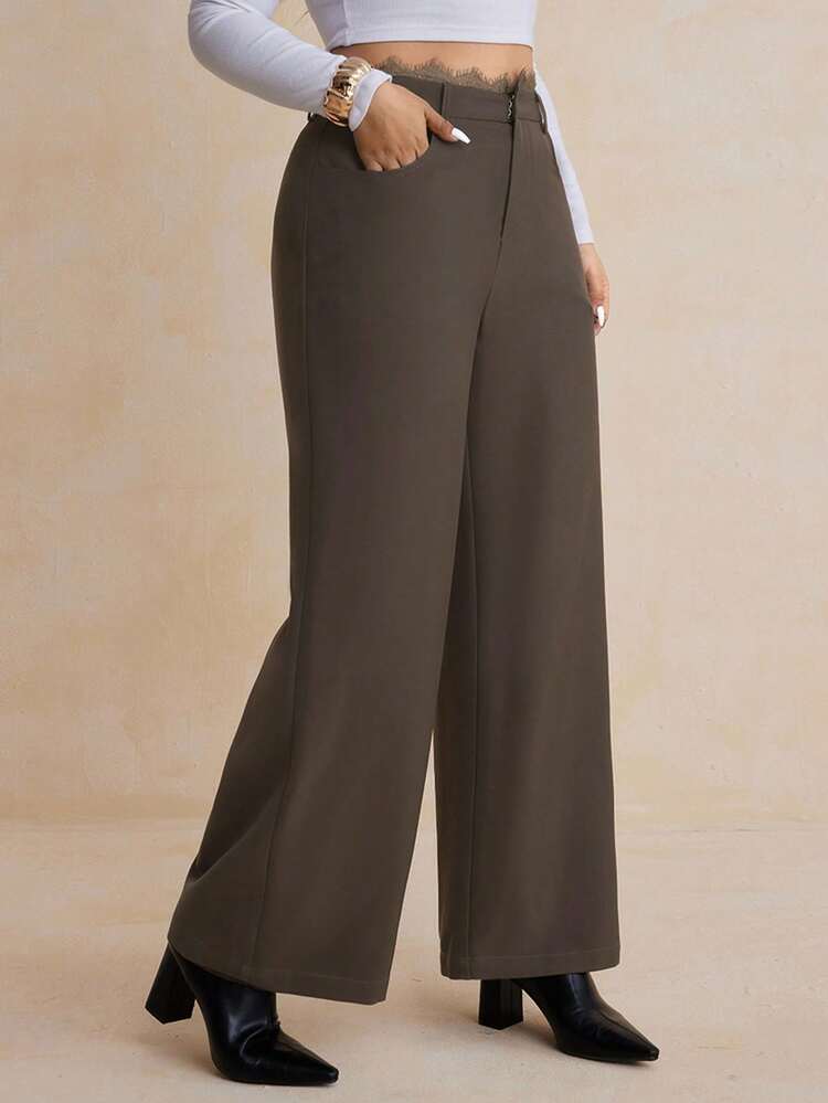 Dazy Plus Plus Size Women's Casual Loose Straight Leg Pants With Lace Waistband, All Season Women Dress Pants Fall