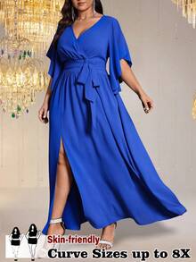 SHEIN CURVE+ 加大码女式 V 领褶饰腰部开衩下摆梭织连衣裙，优雅派对装 - 寶藍色 - 查看 5