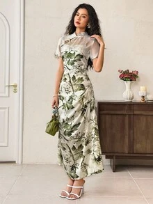 EastFlair 2件套新款中式民族风花卉印花旗袍上衣和缎面吊带裙 - 彩色 - 查看 4