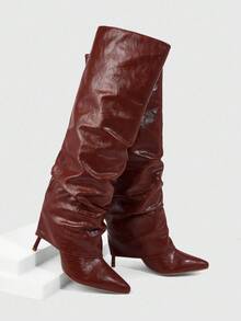 CUCCOO SZL Botas de tacón de aguja de punta fina para mujer, diseño de material de doble capa de PU marrón, moda minimalista cómoda para uso diario, fiesta, evento, con cremallera lateral y de fácil puesta