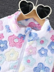 SHEIN 1 件女童花卉印花拉链立领毛茸茸夹克，秋冬休闲外套 - 彩色 - 查看 3