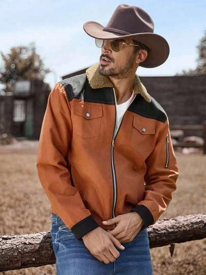 Manfinity Nomadique Men's Contrast Color Sherpa Collar Zip Front Casual Jacket Men Jackets Casual Men Bomber Jacket , Fall