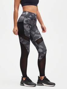 Eassivo Eassivo Women's High-Waisted Abstract Print Mesh Panel Sports Leggings, Black Camo Leggings, Mesh Legging With Phone Pocket, Leggings With Mesh Panels - Black - View 3