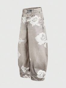 ROMWE MEN Street Life Herren Jeans mit Blume Muster und Tasche, lockere Passform, weites Bein, lässig - Grau - Übersicht 5