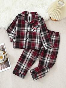 SHEIN Bộ đồ mặc nhà thường ngày cho bé trai với áo cardigan cổ kẻ caro tối giản cổ điển và quần dài - Nhiều màu - Xem 3