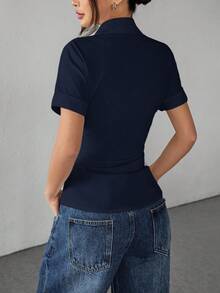 SHEIN PETITE White Women's Shirt Waist Cinch Pleated Short Sleeve Shirt