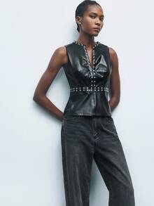 Maija PU 皮革休闲束腰女式背心 - 黑色 - 查看 5