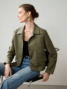 Uhlyne 女士复古经典复古硬币设计优雅休闲西装外套，配有仿口袋和纽扣，简约通勤夹克 - 軍綠色 - 查看 6