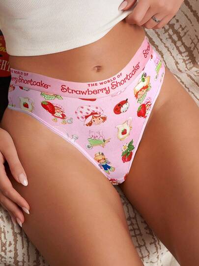 Strawberry Shortcake X SHEIN 2pcs Women's White & Pink Cute Cartoon Character & Strawberry Print Sexy Thong ,Underwear Cute,Soft & Comfortable, Cute,Kawaii,Sweet, Cartoon Underwear For Women Strawberry Panties Cute Underwear Cute Panties