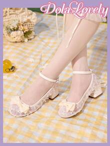 Dola Lovely 女式杏色圆头浅口鞋，低鞋面粗跟高跟鞋，网眼透气蝴蝶结玛丽珍鞋，时尚百搭夏季鞋履