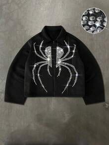 Manfinity Roghcode Herren Mode schwarze Strick Jacke mit Strass Spinnen Grafik, Kragen und Reißverschluss, Y2K Gothic Streetwear für Herbst & Winter, perfekt für Halloween & Schulanfang, ideales Geschenk für den Freund - Schwarz - Übersicht 1