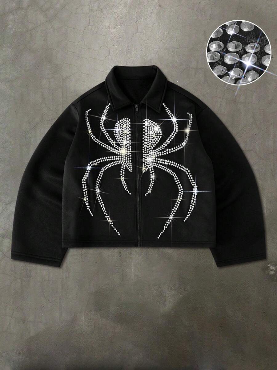 Manfinity Roghcode Herren Mode schwarze Strick Jacke mit Strass Spinnen Grafik, Kragen und Reißverschluss, Y2K Gothic Streetwear für Herbst & Winter, perfekt für Halloween & Schulanfang, ideales Geschenk für den Freund - Schwarz - Übersicht 1