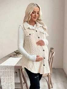 SHEIN 女式纯色纽扣前无袖口袋休闲孕妇夹克 - 米色 - 查看 6