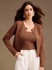 Anewsta 串珠水钻针织开衫 秋季、秋季、外出、优雅、正式、派对、别致、新年、圣诞节、工作、毕业、婚礼 - 棕色 - 查看 1