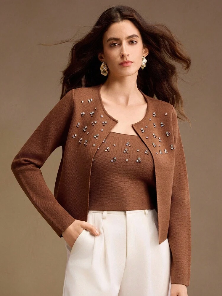 BEADED RHINESTONE KNIT CARDIGAN Autumn,Fall,Going Out,Elegant,Formal,Party,Chic,New Year,Christmas,Work,Graduation,Wedding