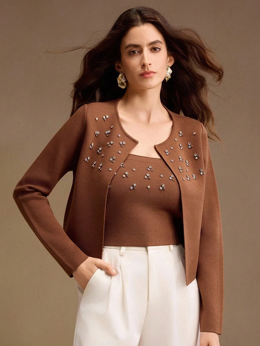 Anewsta 串珠水钻针织开衫 秋季、秋季、外出、优雅、正式、派对、别致、新年、圣诞节、工作、毕业、婚礼 - 棕色 - 查看 1