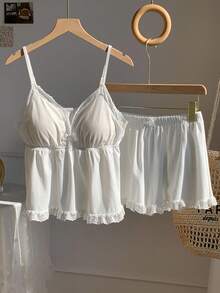 Comfortcana Knitted Camisole With Padded Bra & Shorts Lace Trim Loungewear Set - White - View 3