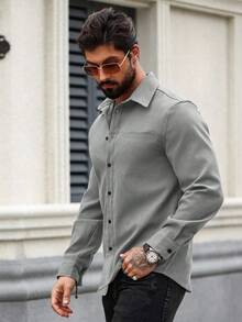 Manfinity Homme 男士休閒百搭通勤純色長袖襯衫 男士休閒正裝襯衫 男士灰色襯衫，秋季，正式 - 淺灰色 - 查看 3