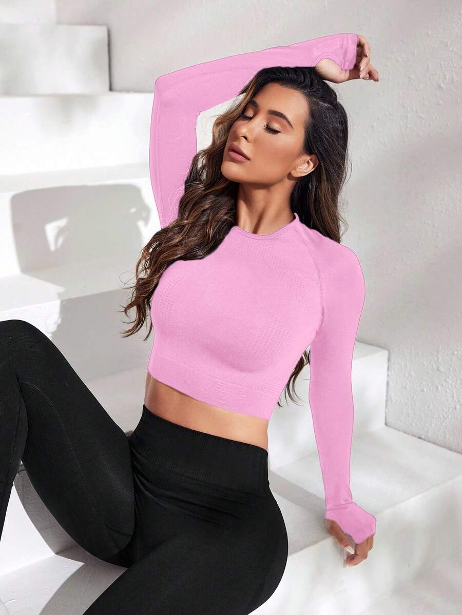 Sovereign Charm 女士纯色简约长袖休闲运动T恤 - 粉色 - 查看 1