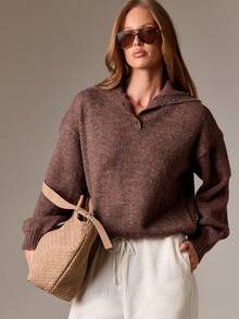 AiiRZ 女式棕色针织纽扣细节领毛衣长袖秋冬休闲衬衫 - 棕色 - 查看 1