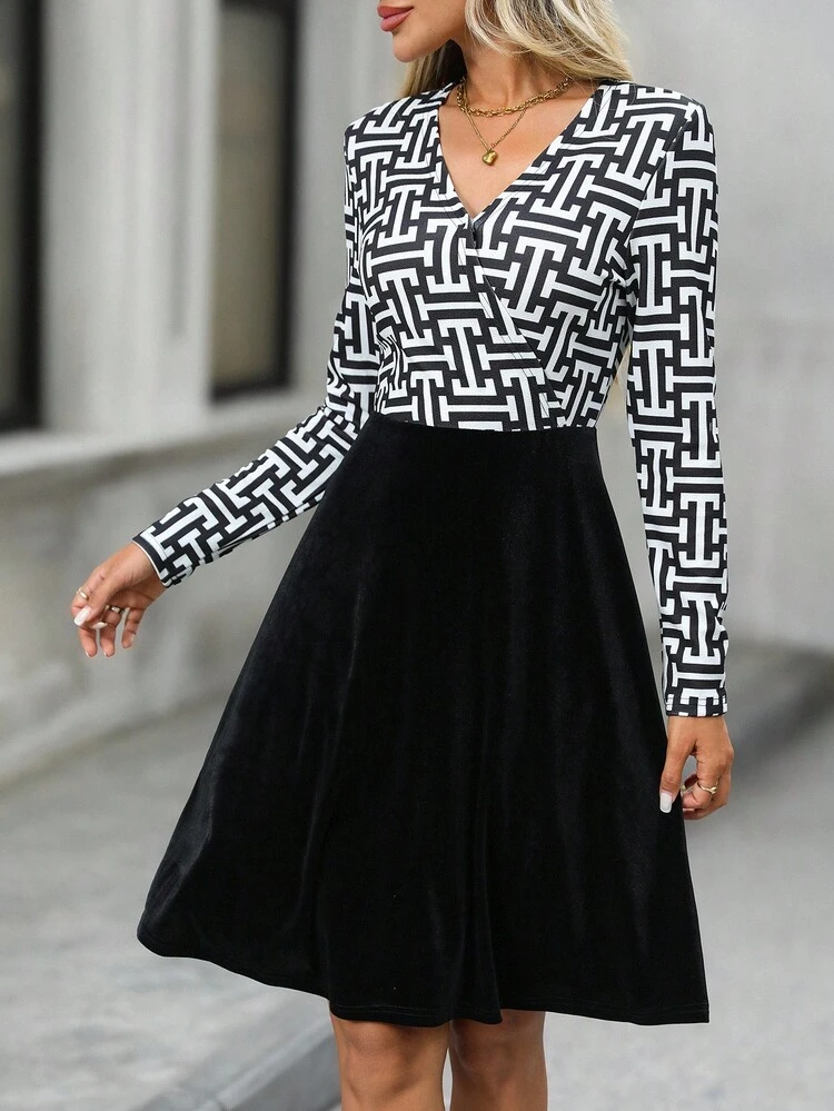 Women's Geometric Print V-Neck Long Sleeve Elegant Short Dress