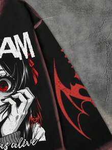 ROMWE MEN Áo thun tay dài in họa tiết anime dáng rộng cho nam, mùa thu - màu đen - Xem 3