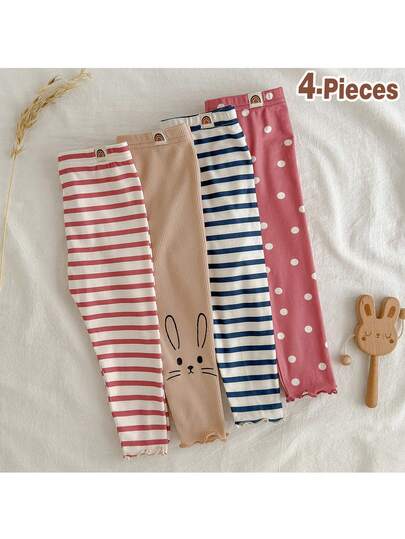 Loomiva 4ชิ้น/ชุด เด็กผู้หญิง ลายดอกไม้และลายทาง ผ้าฝ้ายนุ่ม ถัก ขอบเอวยางยืด แฟชั่น กางเกงขายาว